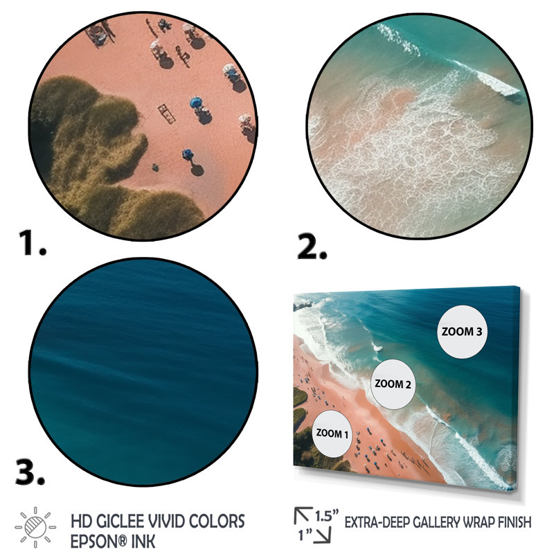 Vue aérienne de la plage bleue et rose VI - art mural plage et océan, Cadre flottant noir, H 34 po x l 44 po x P 1,5 po