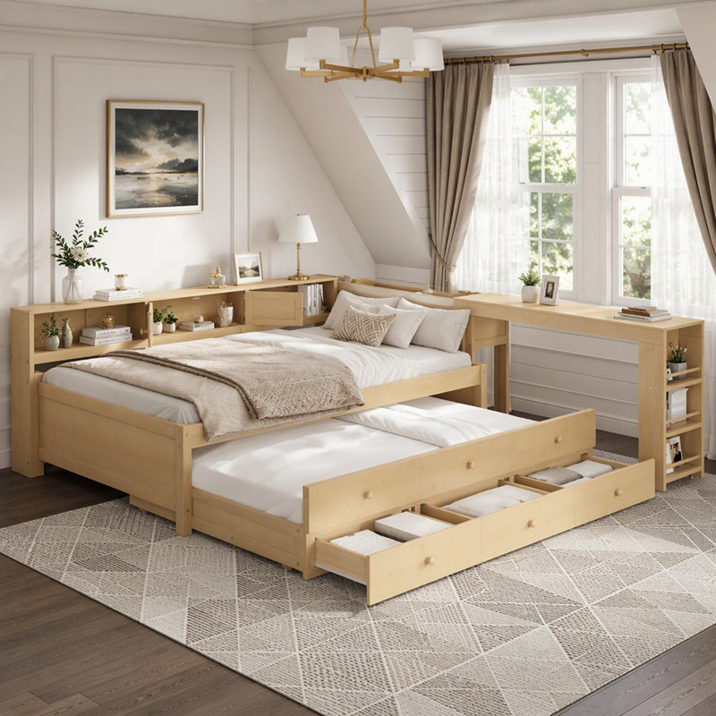 Lit de jour avec couchette, structure en bois, tiroirs de rangement, tablettes latérales et bureau, Twin, Light Natural