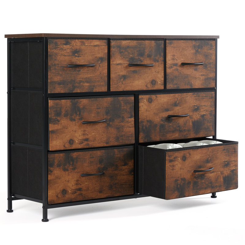 Verdi 7 Drawer 39.3" W Chest of drawer with Wood Top & Fabric Drawer, Rustic Brown