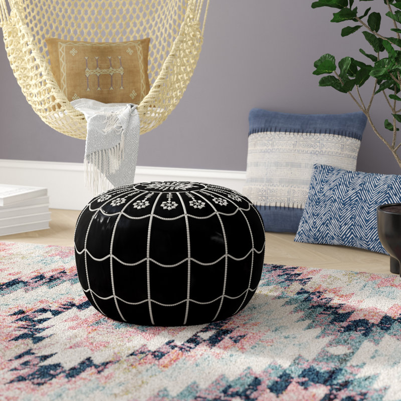 Leather Pouf, Black Genuine Leather