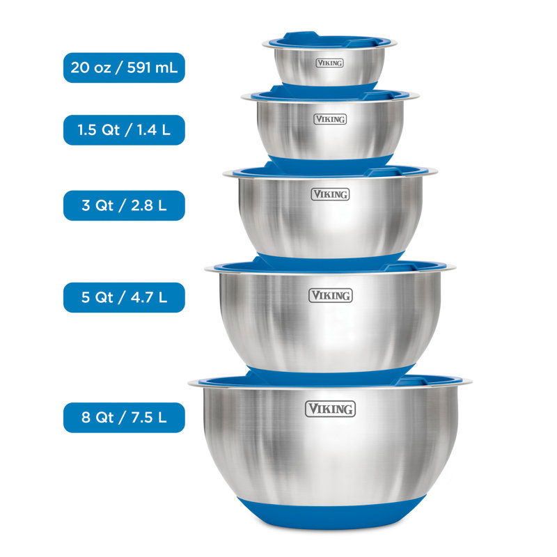 Viking 10 Piece Stainless Steel Mixing Bowl Set with Lids, Blue