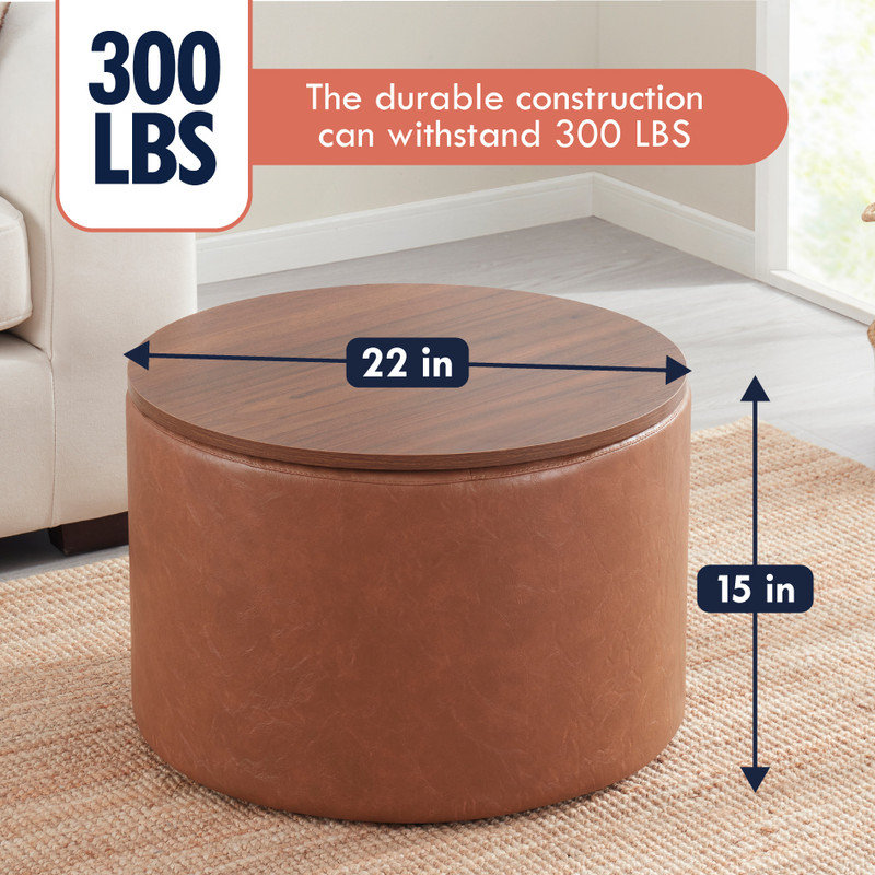 Large Round Storage Ottoman Coffee Table Ottoman With Lift Off Lid, Mocha