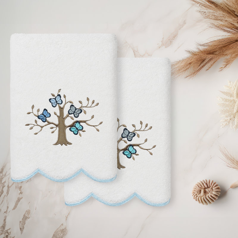  Ensemble de serviettes à main 100% coton festonné 100% coton terreux 2 pièces Teresa, Blanc / Bleu