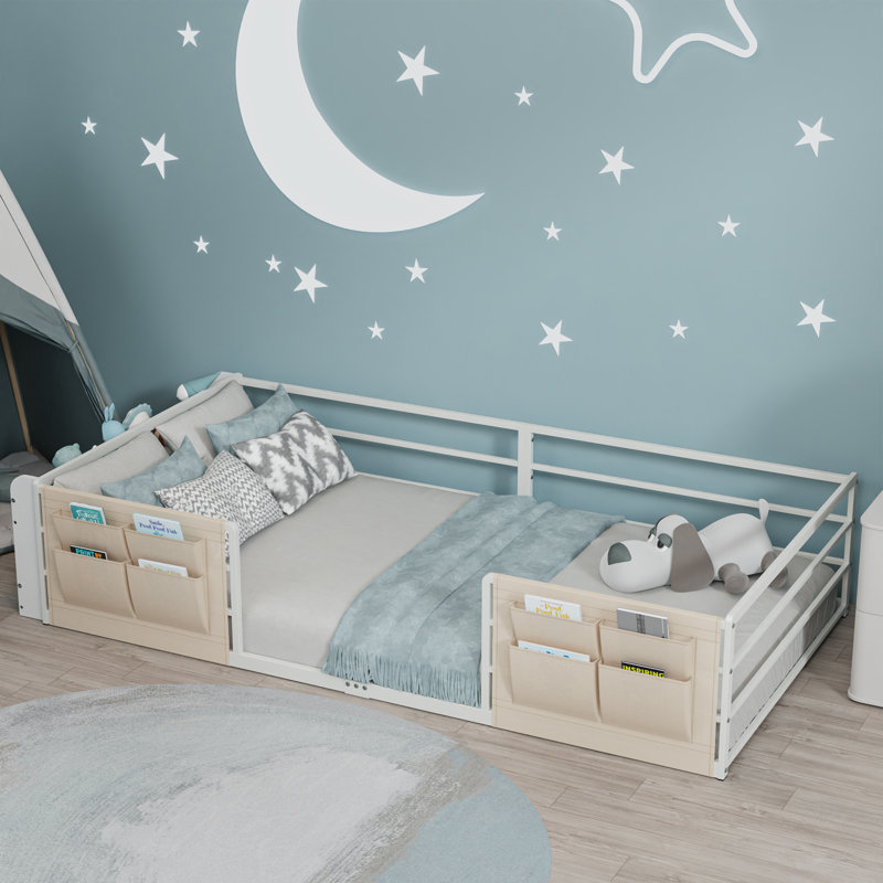 Twin Size Montessori Floor Bed Frame with Double-Layer Bookcase, Full-Surround Safety Guardrails & Bedside Caddy, Metal Kids Bed for Bedroom & Playroom, White (No Slats)