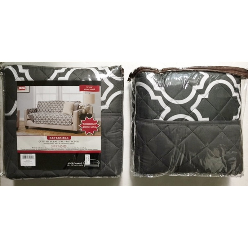 Housse pour canapé à coussins carrés/rectangulaires réversible, Polyester gris / blanc
