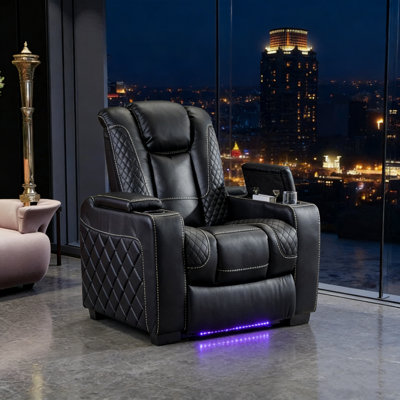 36.22"W Luxury Comfort Faux Leather Power Reclining Home Theater Seating with LED Light & Adjustable Headrest & USB Port & Arm Storage & Dual Cupholde