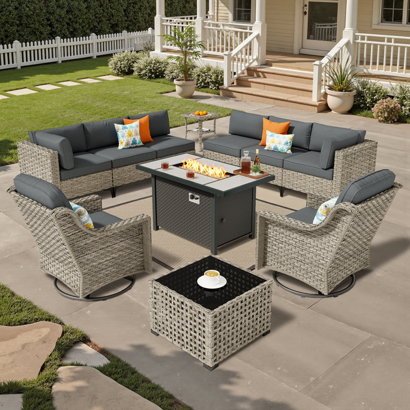 Ensemble de conversation pour patio 11 pièces avec canapé modulaire modulaire, chaises berçantes pivotantes et table foyer