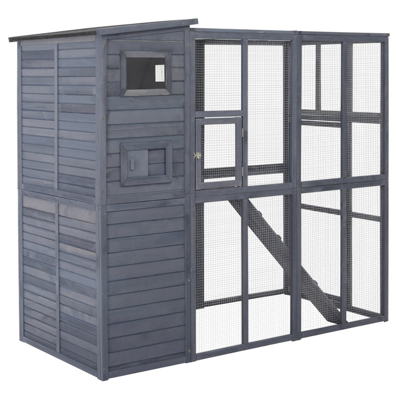 Gray Wooden Outdoor Cat House with Platforms and Ramps