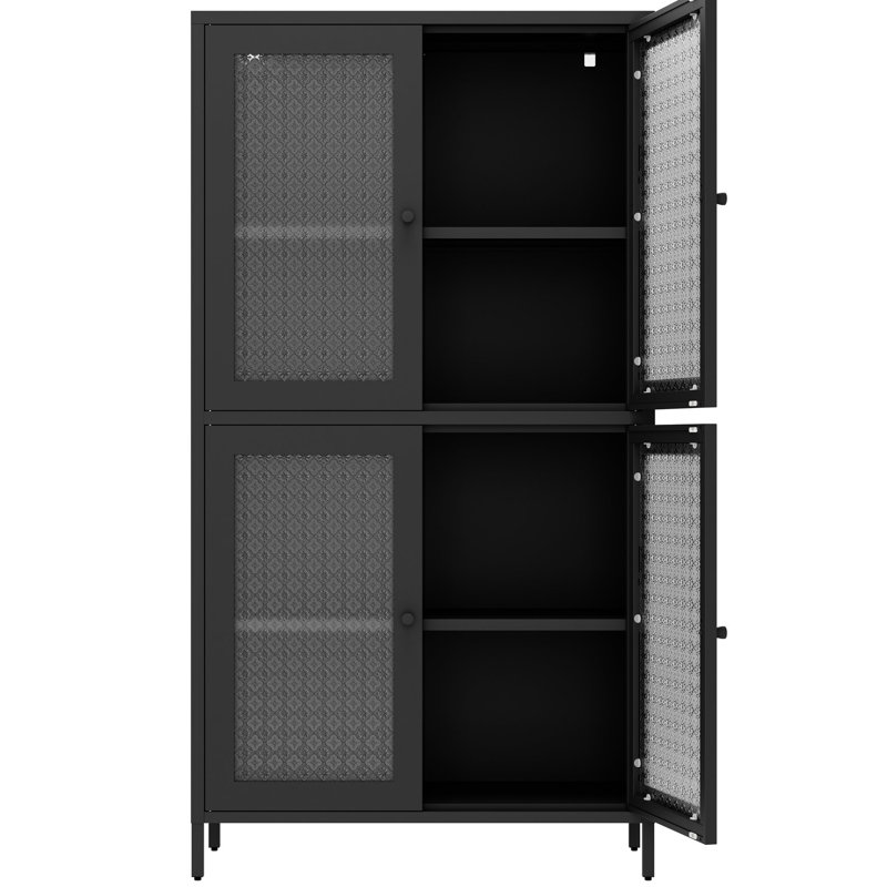 Armoire en métal noir avec 4 tablettes et portes en verre trempé - autoportante pour le bureau, le salon, la cuisine