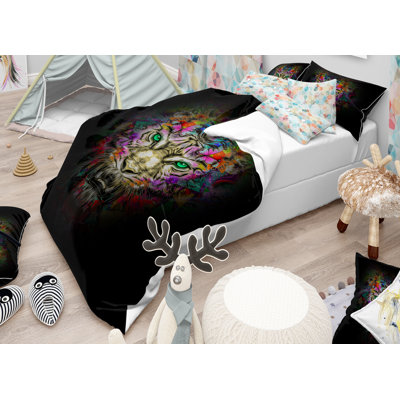 Fierce Tiger Head on Black - Animal Duvet Cover Set - Microfiber Polyester