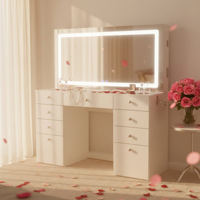 Boahaus Elizabeth Extra-Large Smart Makeup Vanity With LED Mirror, Bluetooth Speakers & Charging Station