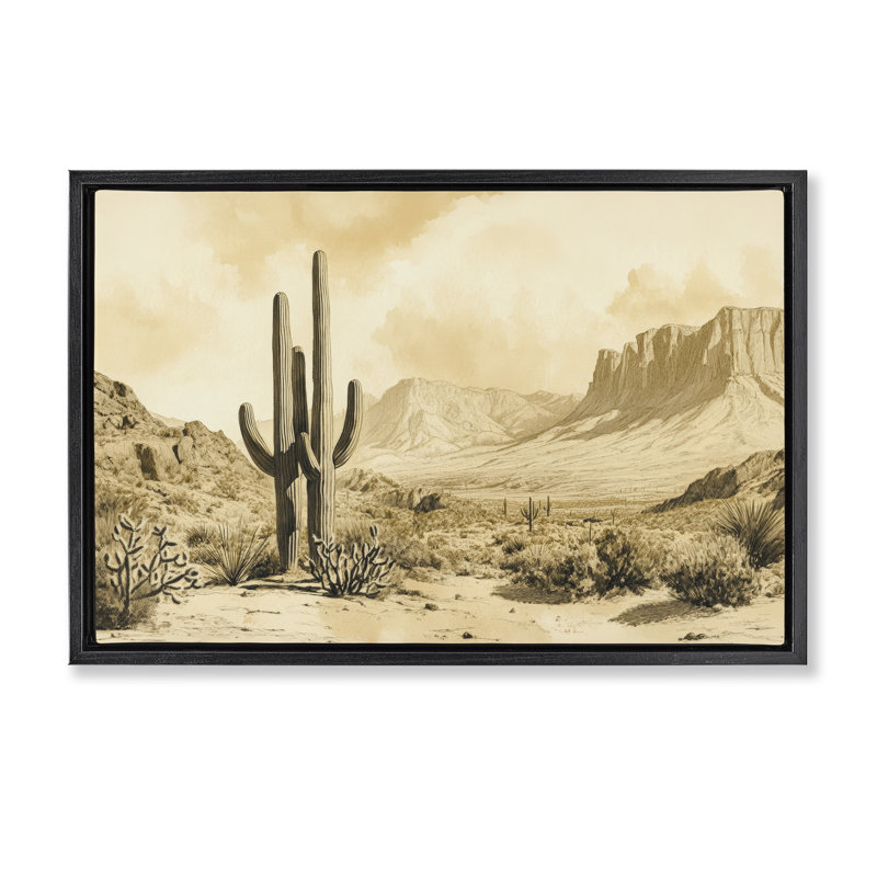 Cadre flottant désert, cactus sépia, par Petal Prints Design, Cadre flottant noir de jais, H 17 po x l 25 po