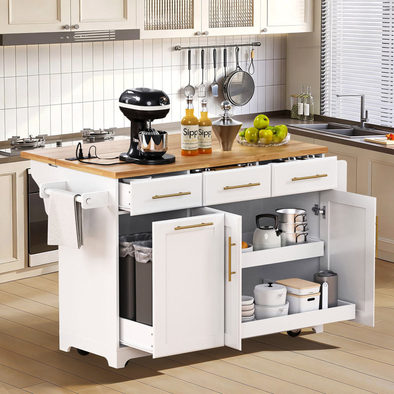 59.3" Kitchen Island With Storage 2 Pull Out Cabinet, White