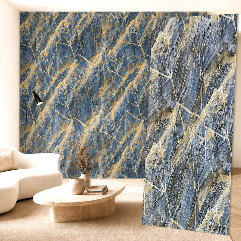 Panneaux muraux brillants en or bleu 4 pi x 9 pi UV Marble Falkirk Irvine III (paquet de 5), Bleu, veines dorées