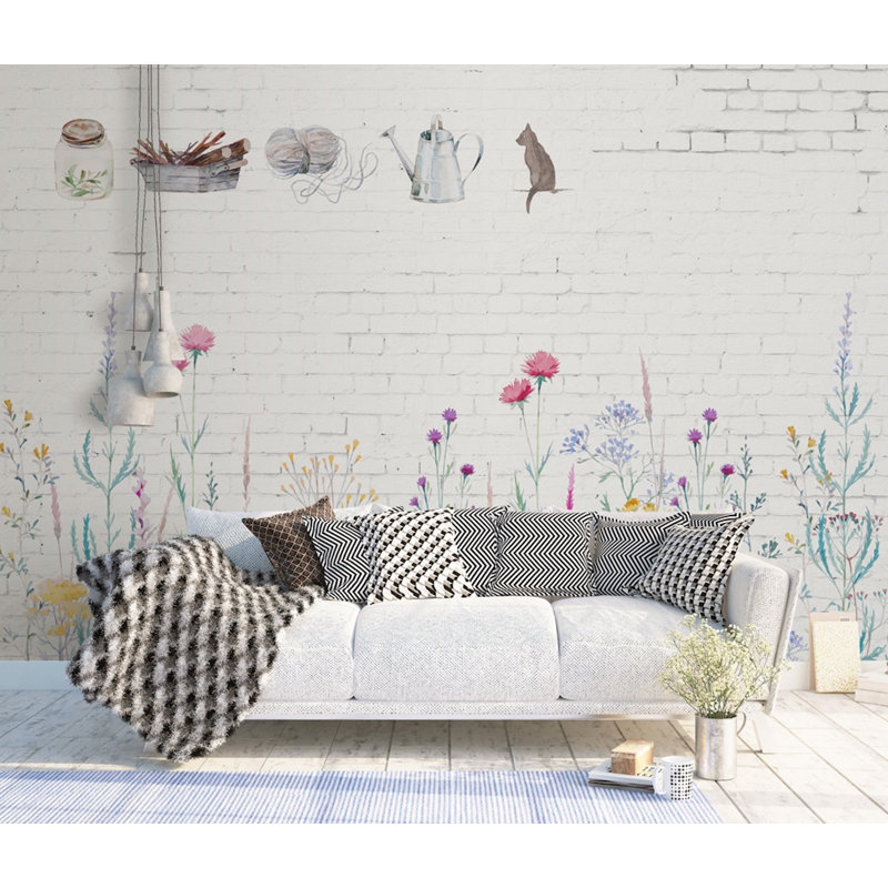 Murale brique blanc en brique de fleurs couleur florale aquarelle Ruso, L 75 po x l 112 po