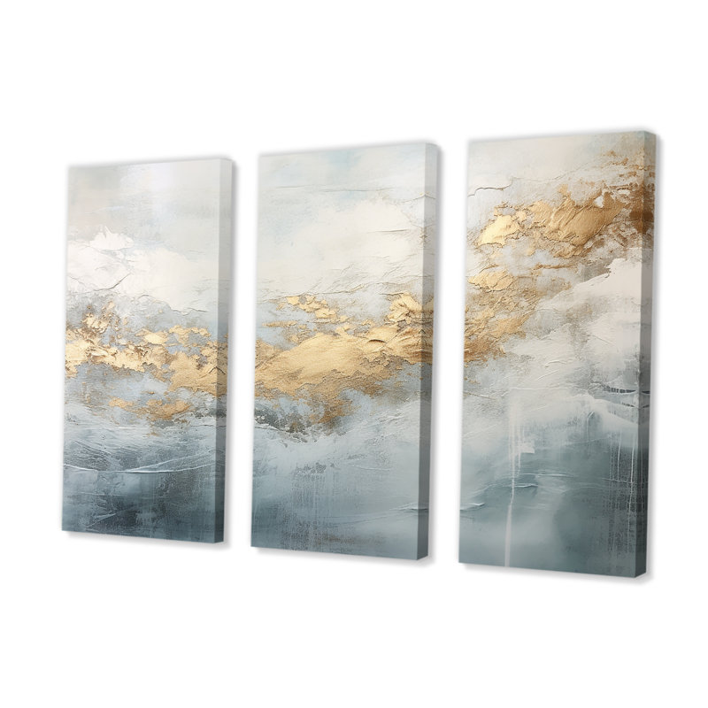 Beige, bleu, or, océan, tempête V, ensemble d'art mural sur toile à formes abstraites, H 32 po x l 48 po, Toile tendue