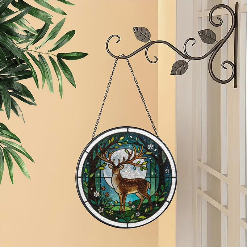 Cerf de style vitrail au clair de lune avec panneaux en verre coloré Suncatcher pour décor de fenêtre, 6.3x6.3in(16x16cm)