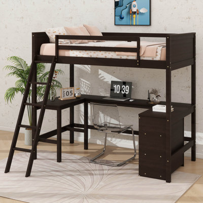 Lit mezzanine simple avec tablettes et bureau, lit mezzanine en bois avec bureau