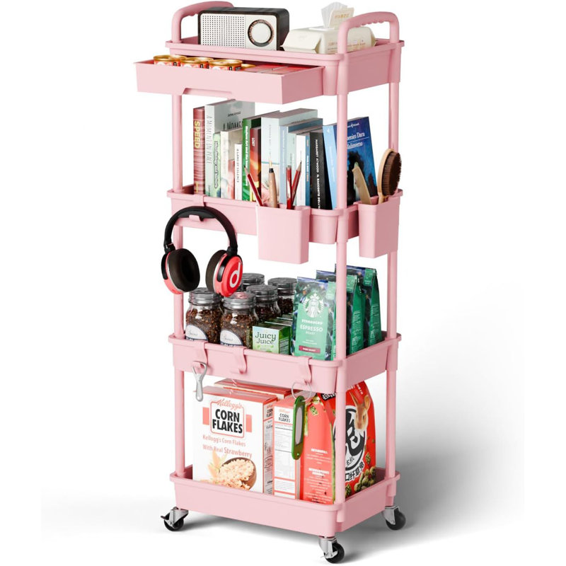 4 Tier Rolling Utility Cart with Drawer,Utility Cart Made of Multifunctional Storage Organizer Tool, Pink