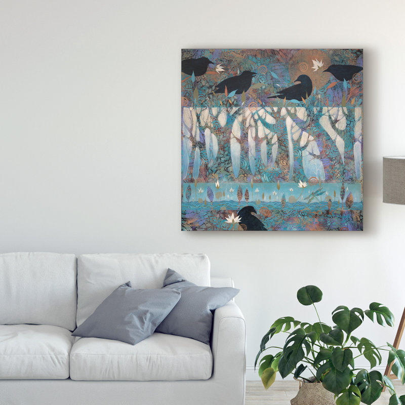 «Crows and Waterlilies», reproduction de peinture acrylique sur toile tendue, H 35 po x l 35 po x P 2 po