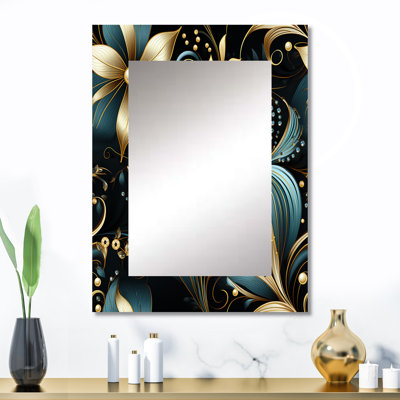 Kenjal Hollywood opulent charm or et noir - miroir mural décoratif floral, miroir de chalet, art imprimé en métal