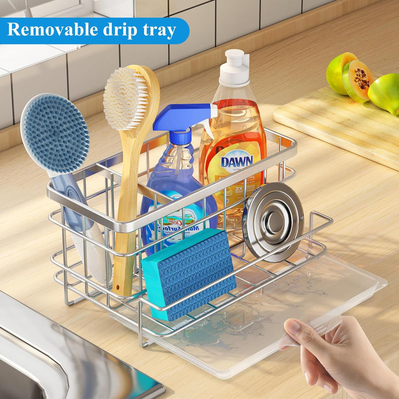 Organisateur d'évier de cuisine, support en éponge antidérapant en acier inoxydable pour évier de cuisine avec plateau de drain amovible, support d'évier de cuisine pour distributeur de brosse et de savon