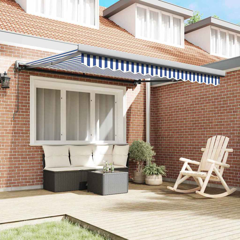 Ebern Designs Retractable Patio Awning, 300cm H x 250cm W, Blue;White/Grey Striped
