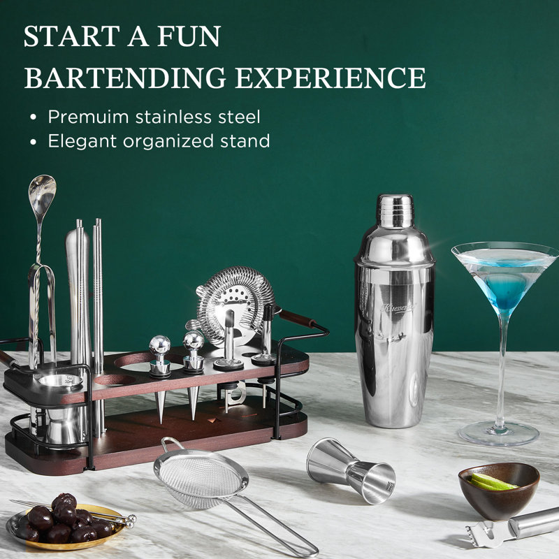 Ensemble barman avec support pour bistro Kitessensu | Ensemble de bar 24 pièces complet avec tous les accessoires de bar: Martini Shaker, Jigger, Muddler | Ensemble de mélangeur de boissons pour les cocktails maison