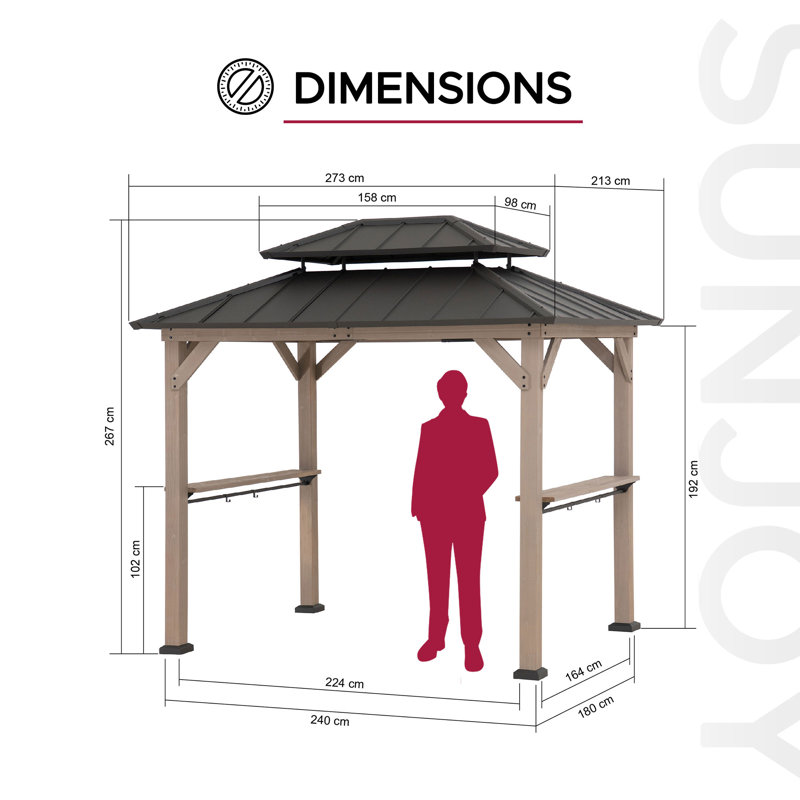 Sunjoy 2.7m X 2.1m Grill Gazebo, Wood Frame Hardtop Gazebo With Shelves Brown Roof