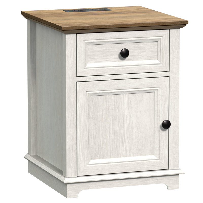 Brittnei 1-Drawer Manufactured Wood Nightstands with Storage and Built-in Outlets, White/Brown, individual