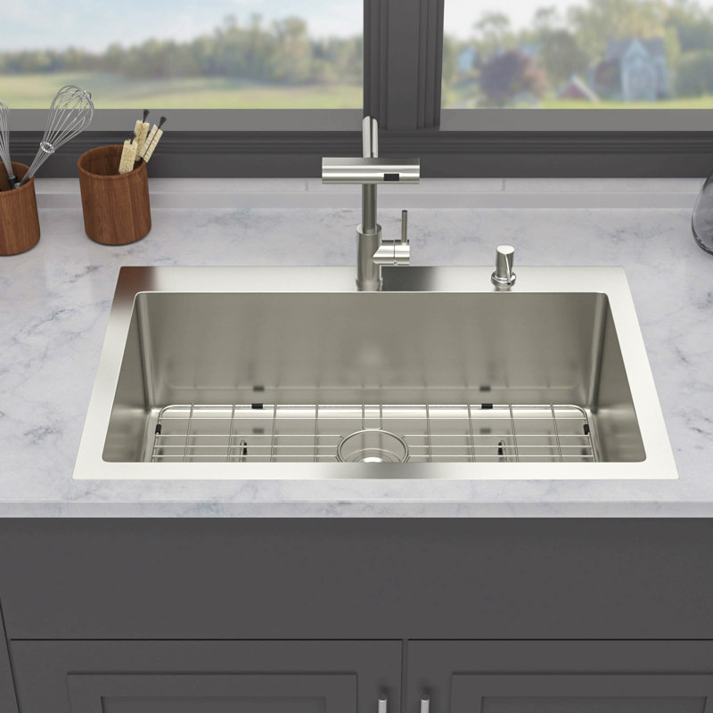 Évier de cuisine à montage sur plan avec robinet coulissant et distributeur de savon - Évier de cuisine à cuve simple en acier inoxydable de calibre 16
