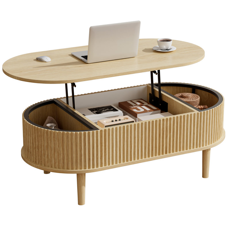 Table basse carrée ovale relevable de 40 pouces avec compartiment de rangement dissimulé, Naturel