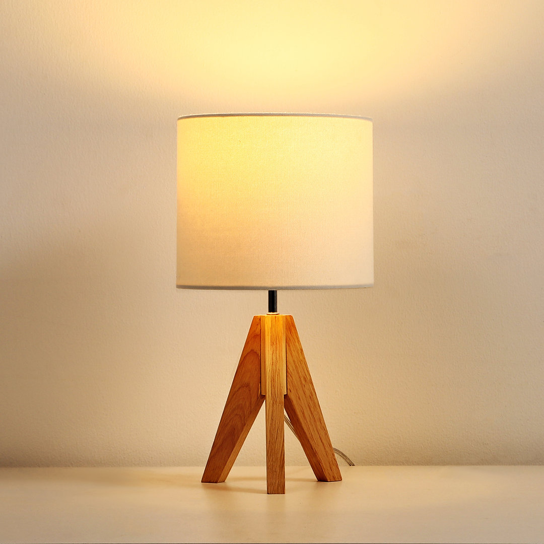 36Cm Wood Tripod Table Lamp With Linen Shade (Bulb Included)
