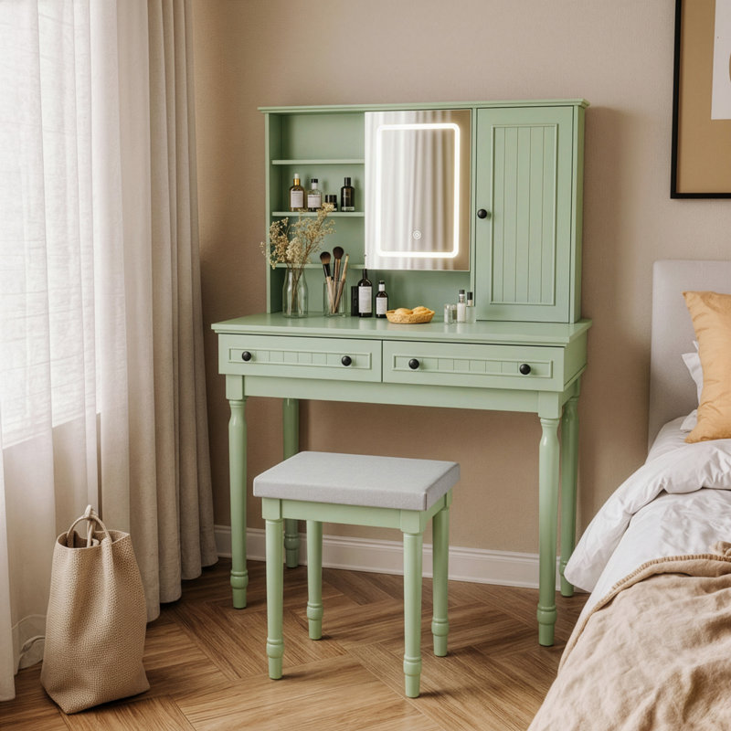 Meuble-lavabo l 42,24 po avec tabourets et miroirs, Vert