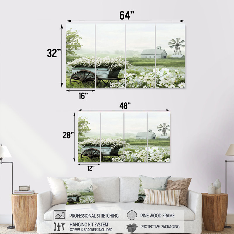 «Farm Landscape Flowers In White & Green Tones I» - Ensemble de décoration murale de ferme, H 32 po x l 64 po