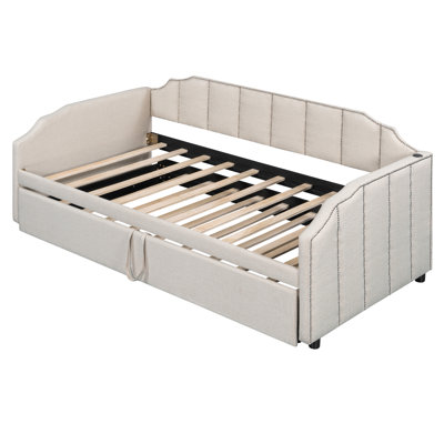 Leto  Contemporary Upholstered Daybed with Pop-Up Trundle, USB Charging Ports, Space-Saving Sofa Bed for Bedroom, Guest Room & Living Room