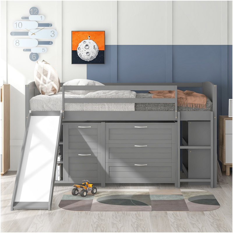 Lit mezzanine bas simple avec armoires, tablettes et glissade - gris