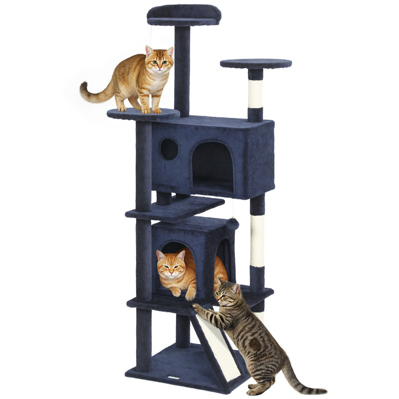 Tour pour arbre à chat 54 po avec poteaux à griffer, condos pour chat, bleu foncé, Bleu, H 63 po x l 19,3 po x P 19,3 po