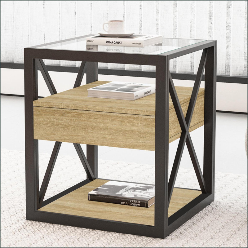 Table basse en bois aggloméré avec plateau en verre trempé, facile à nettoyer