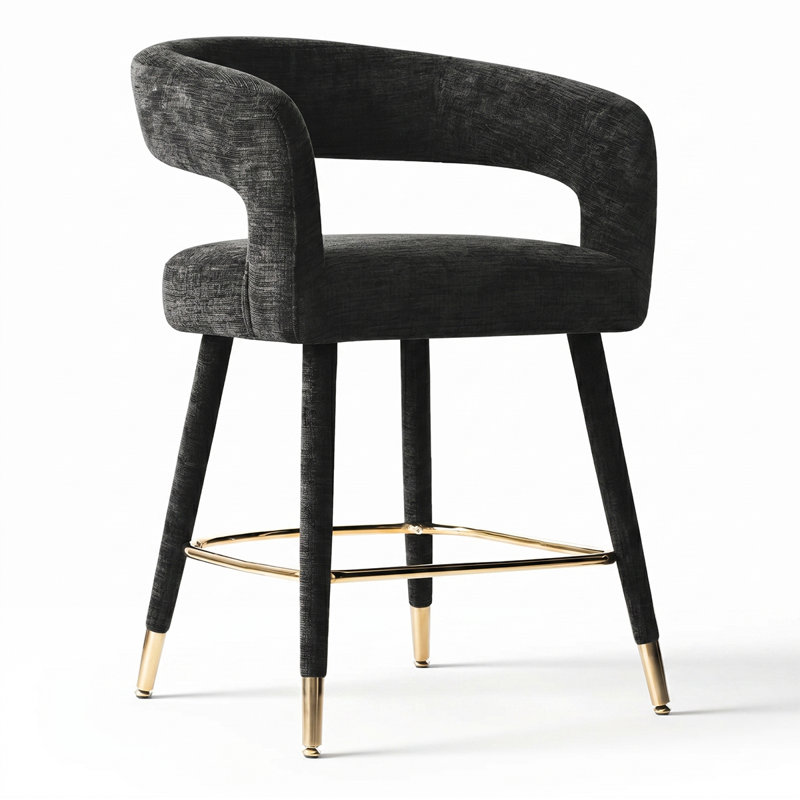 Tabouret de bar 24 po à hauteur de comptoir avec dossier en tonneau ouvert et repose-pieds doré, Black