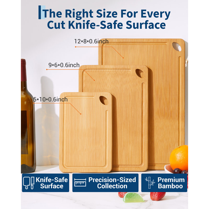 Ensemble de 3 planches à découper en bambou pour la cuisine, planche à découper en bois 15 x 10/12 x 8/9 x 6 po avec rainure à jus profond et trou de suspension