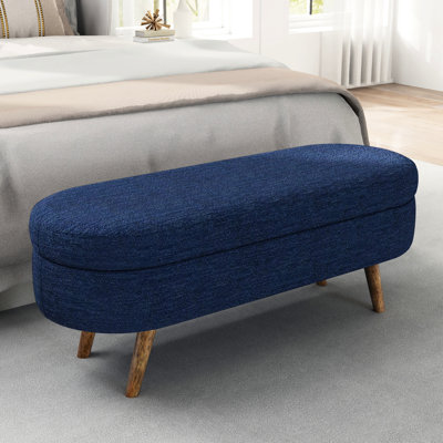 Banc de rangement ovale bleu avec pieds en bois d'hévéa, 110,5 x 40,5 x 40,5 cm, utilisable comme repose-pieds ou siège, espace disponible, montage simple, aspect tissu plissé, teinte lisse, choix, capacité, facile -