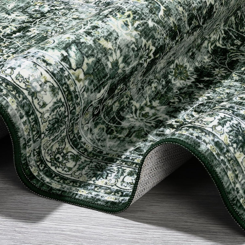 Runner - 2x6 Washable Vintage Floral Entryway Rug Soft Low Pile Non-Slip Non-Shedding Oriental Distressed Rug Hallway Laundry Green