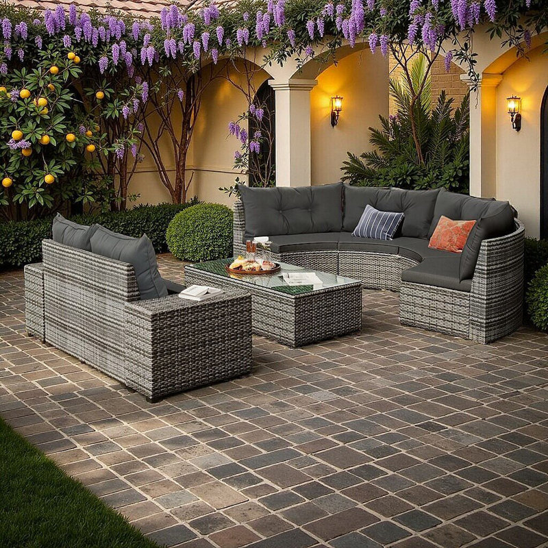 Ensemble de canapé rond en osier 8 pièces avec table basse 8 pièces, Gris