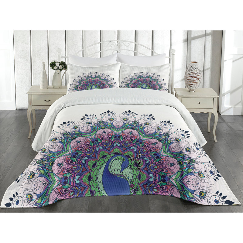 Twin White Quilted Bedspread Set with Peacock Design