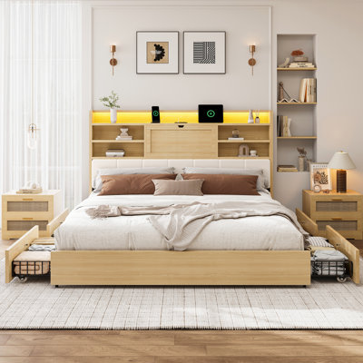 Queen Platform Bed with Upholstered Headboard & Storage Drawers, Burlywood