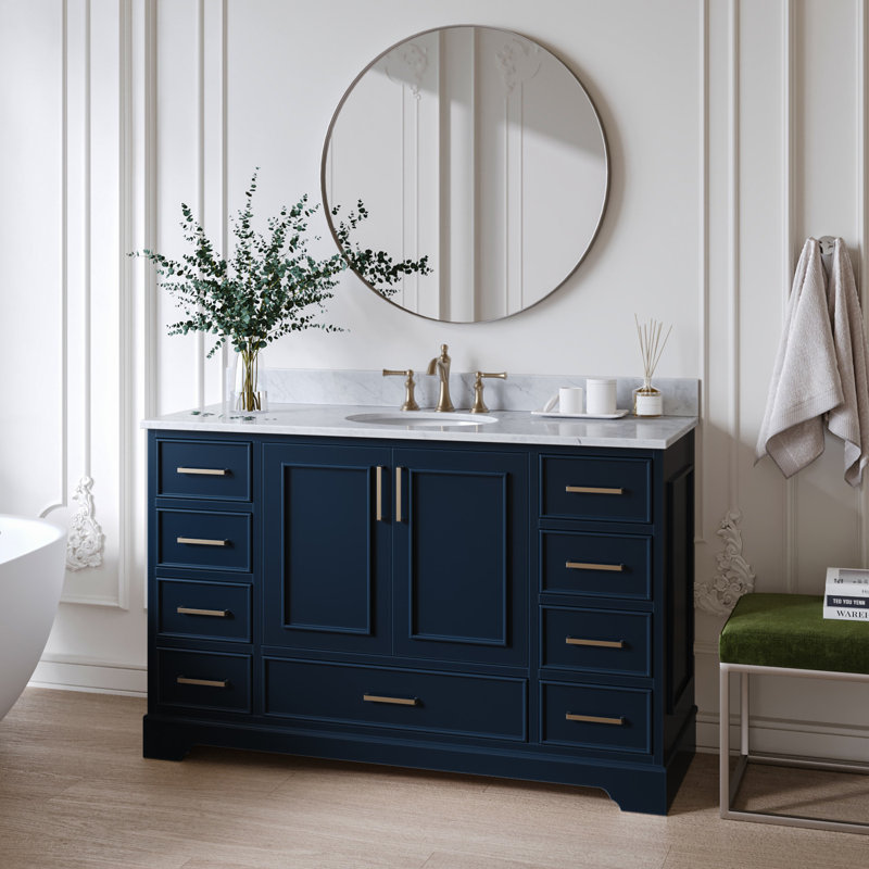 55'' Single Bathroom Vanity with Carrara Marble Top, Midnight Blue