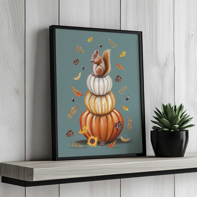 «Squirrel on Pumpkin Stack» par Elizabeth Tyndall, reproduction d'art, L 12 po x H 16 po, Impression encadrée, Blanc