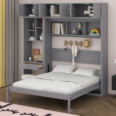 Grand lit escamotable mural avec bureau, armoire supérieure et tablettes de rangement, lit escamotable escamotable en bois