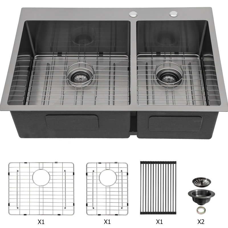 Gunmetal Black 16 Gauge 33" Double Bowl Drop In Kitchen Sink 60/40 Division, 10" Deep, Hand - Made With Rear 3.5 Drain, X Grooves, 3Mm Sound Proof Pad, Spray, Package Grid And 33"X22" Configuration,